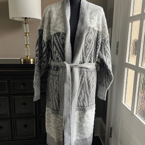 White House Black Market Jackets & Blazers - White House Black Market Women's Silver Sparkle Wrap Sweater Top Size L